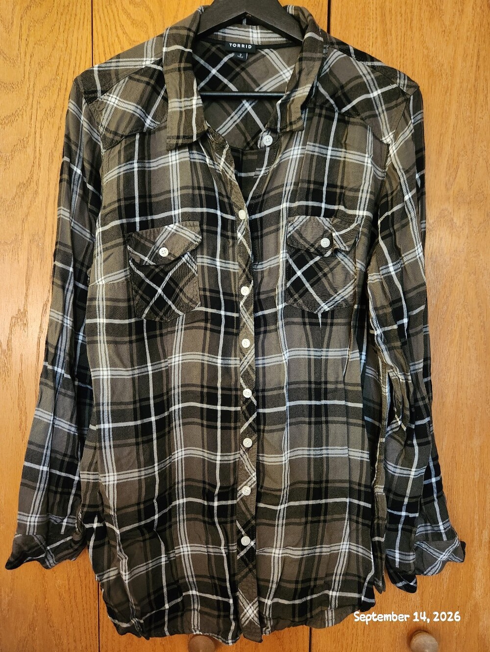 torrid Olive, Black & White Plaid Button-Down Shirt